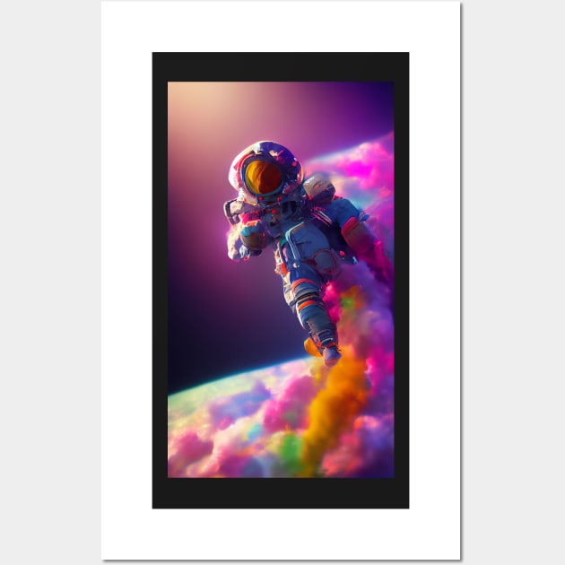 An astronaut swims and flies amid clouds in space with colorful clouds Wall Art by MoEsam95